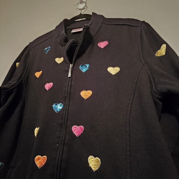 Vtg Quacker Factory Hearts Jacket Womens LG Fleece Embroidered Sequins Colorful - Picture 5 of 11